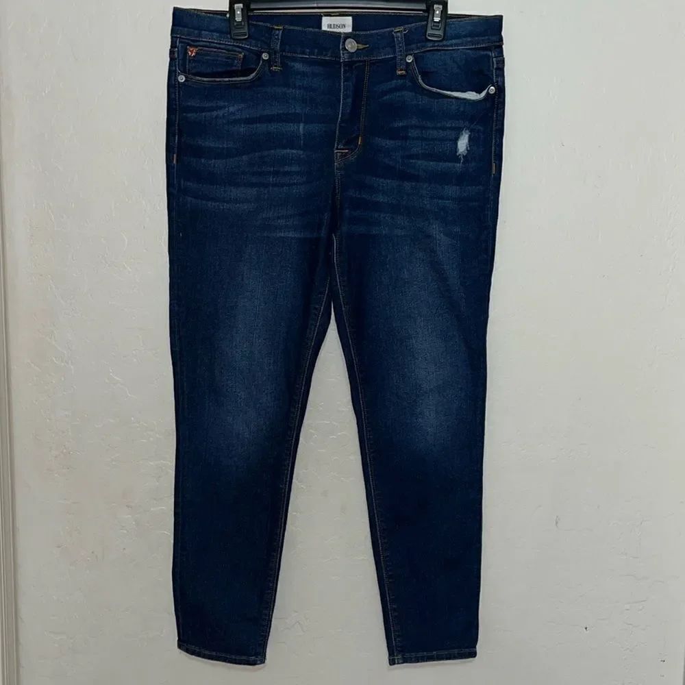 Hudson Natalie Super Skinny Blue Midrise Factory Distressed Denim Crop Jeans